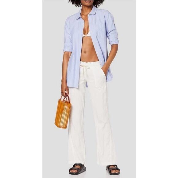 Roxy Oceanside Pants Sea Salt White Beach Relaxed Linen Low Rise Flared Baggy M - Picture 1 of 11